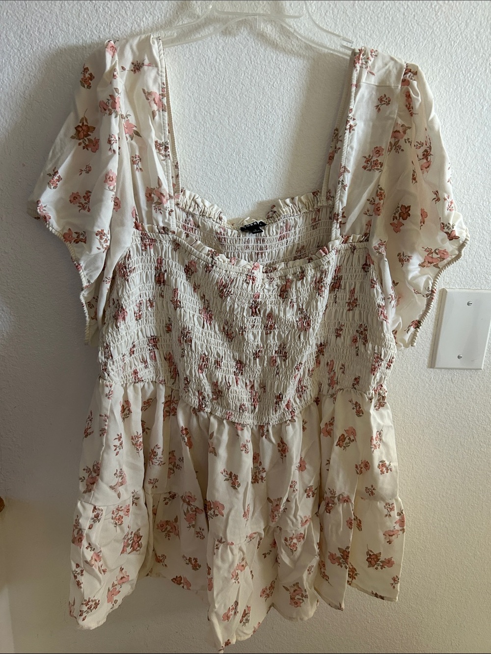 torrid Ivory Floral Smocked Peplum Top with Pink Blossoms